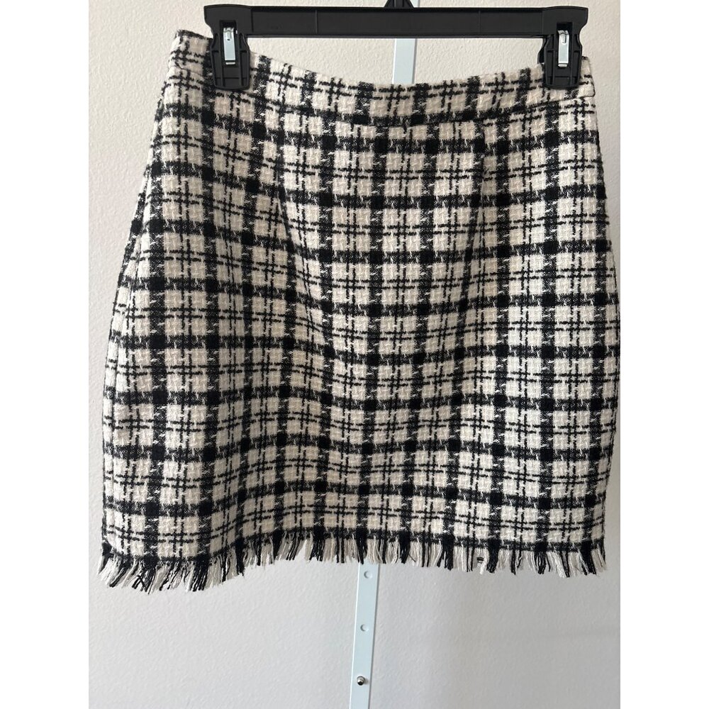 Preppy Tweed Plaid Skirt Large Mini Black & White Checkered Fringe Hem Classic - Picture 4 of 14